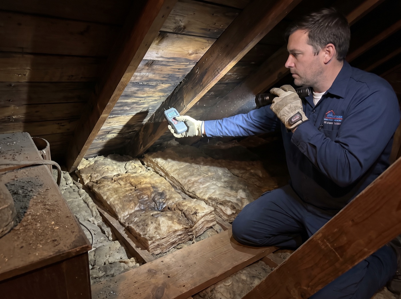 Roofer inspecting water-damaged attic decking with a flashlight