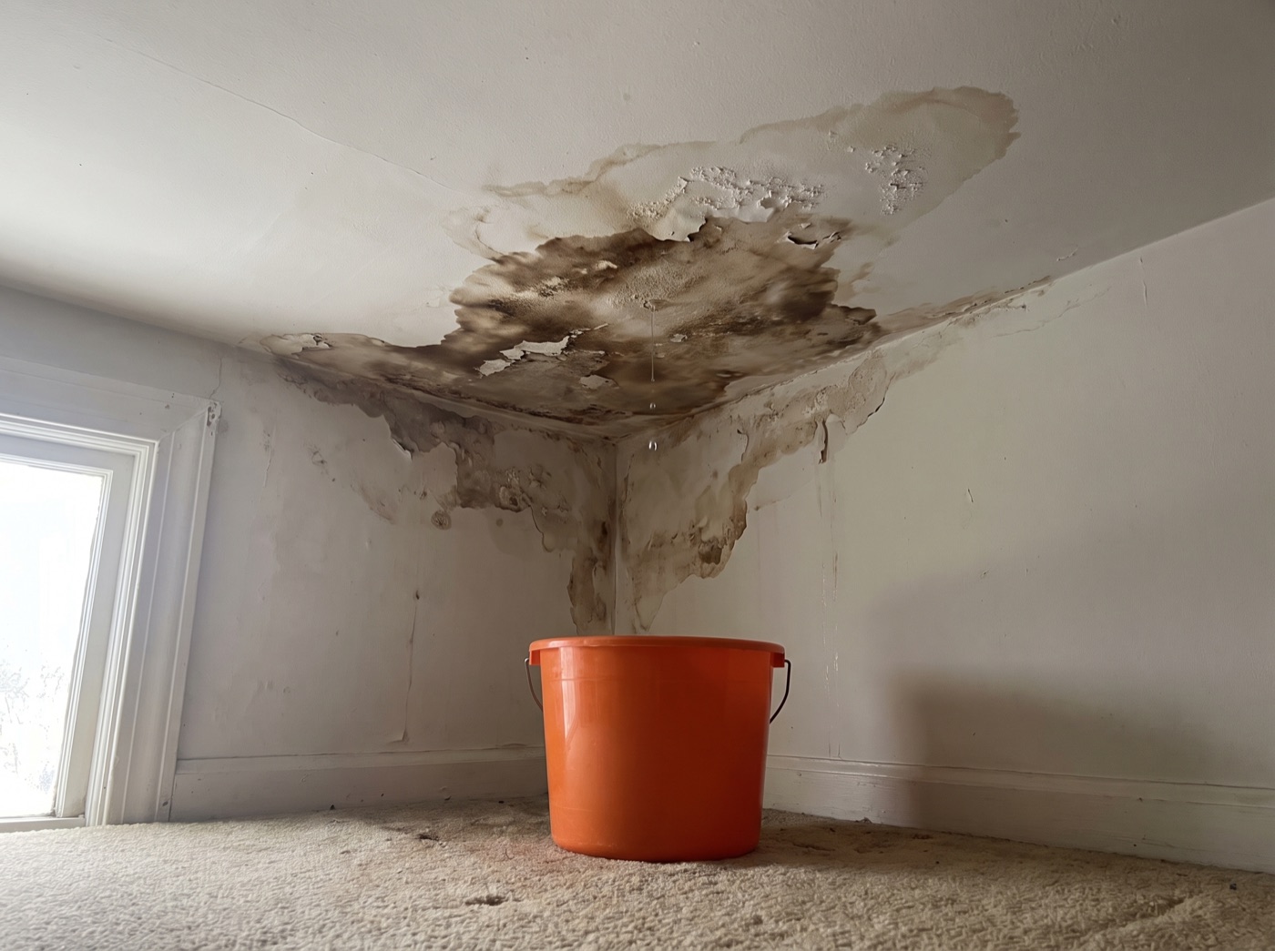Ceiling water stain and peeling paint caused by a roof leak