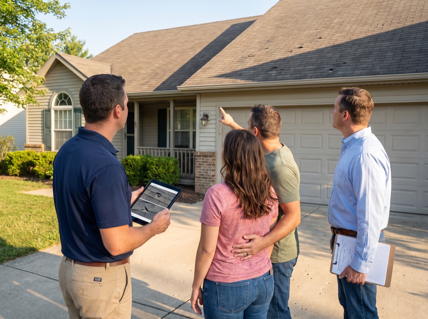 The Roofing Pro reviewing roof damage photos with homeowners and an insurance adjuster