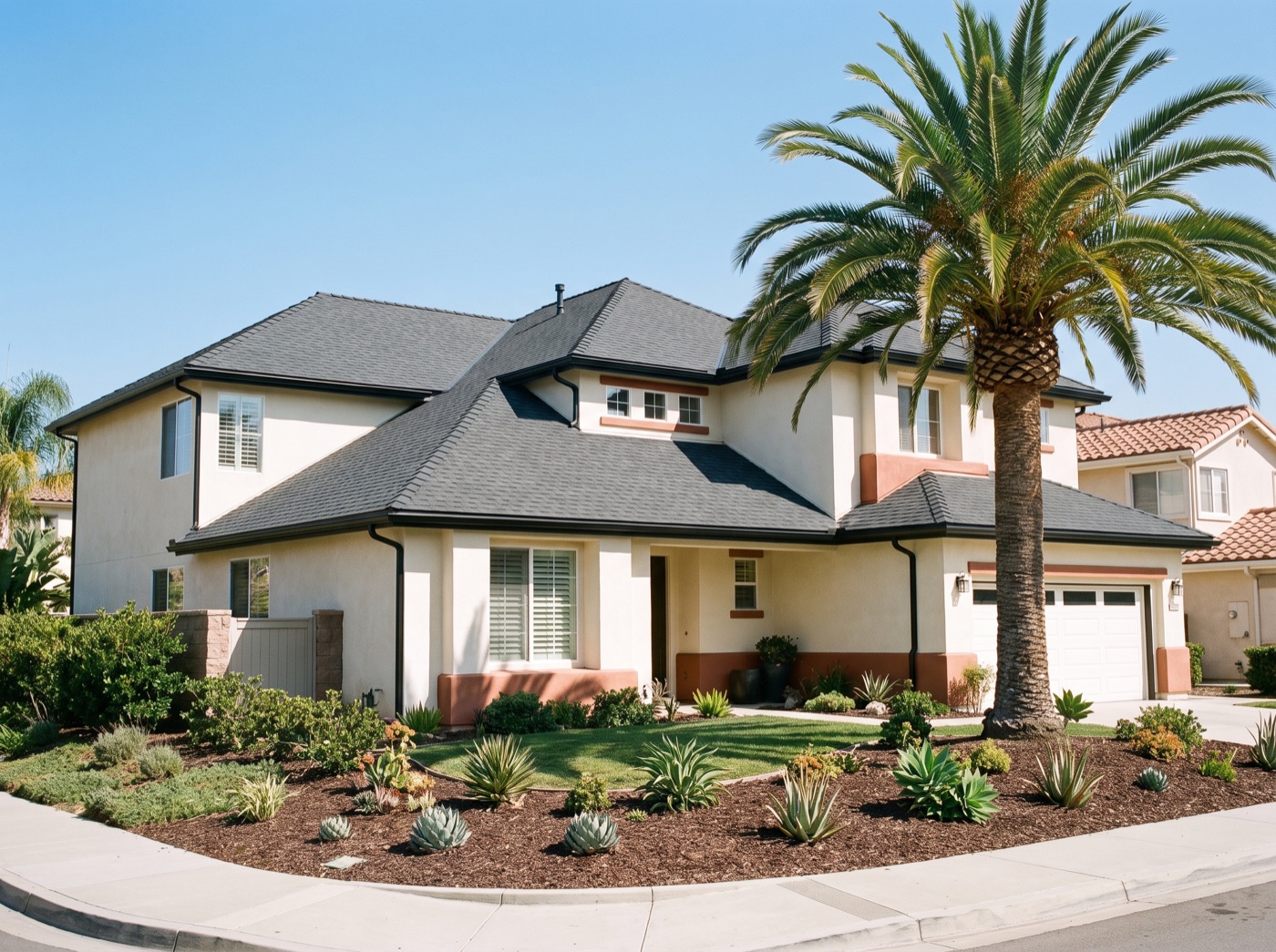Newly replaced architectural shingle roof on a Orange County home