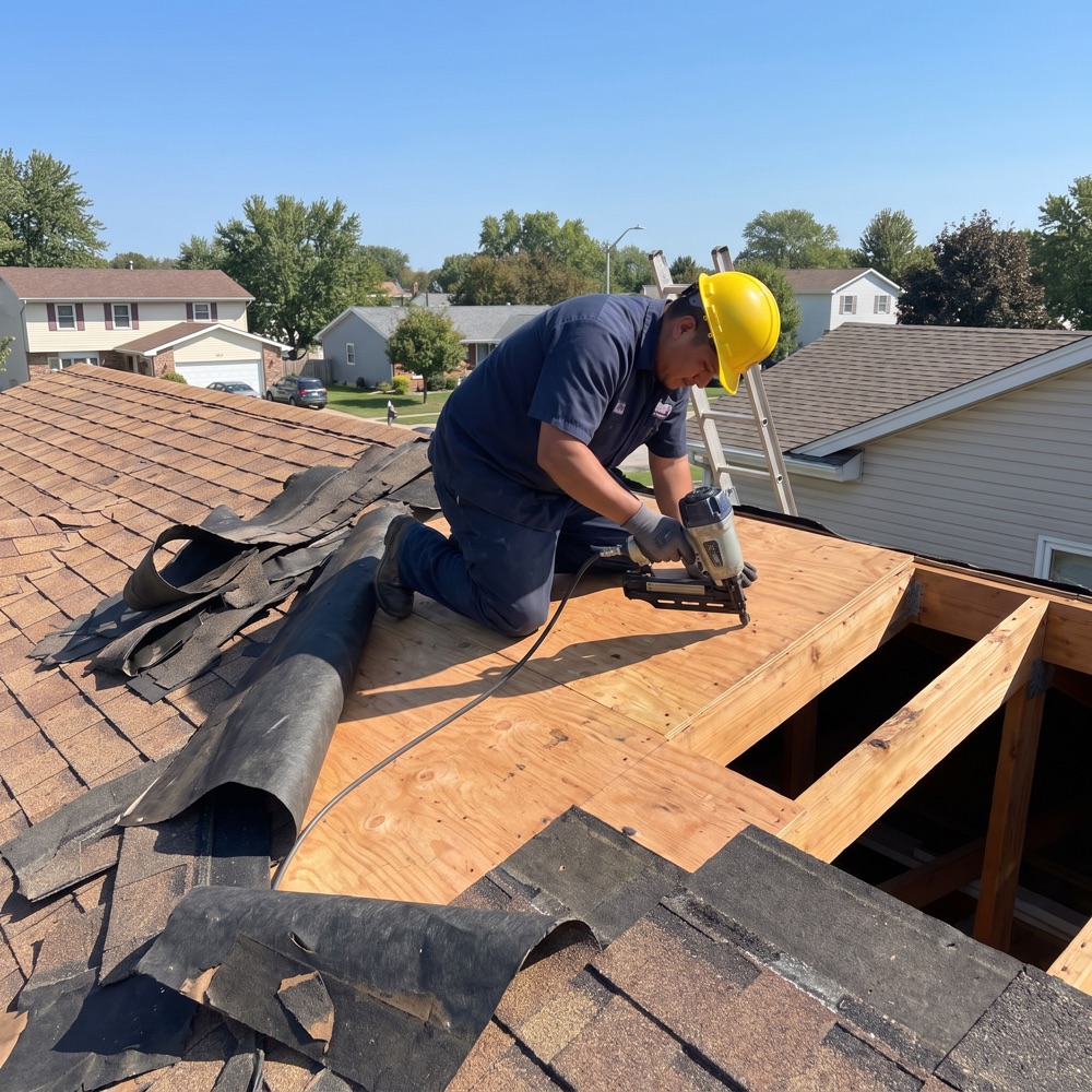 Roofer replacing rotted roof decking during a repair