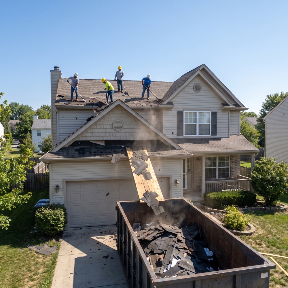 Crew tearing off old shingles for a full roof replacement